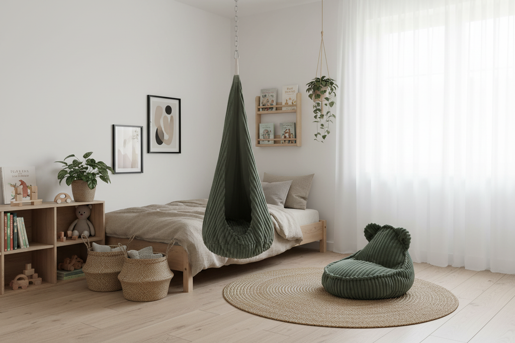 Cameretta nordica realistica con cocoon